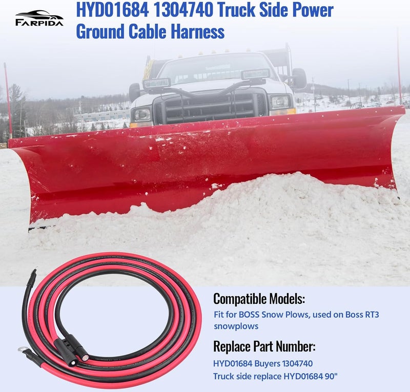 Farpida HYD01684 1304740 Truck Side Power Ground Cable 90" Fit for BOSS Plows Snow Plow Harness Repair Power/Ground Cable Truck Side Repair Harness Kit Replace BOSS HYD01684 - Image 2